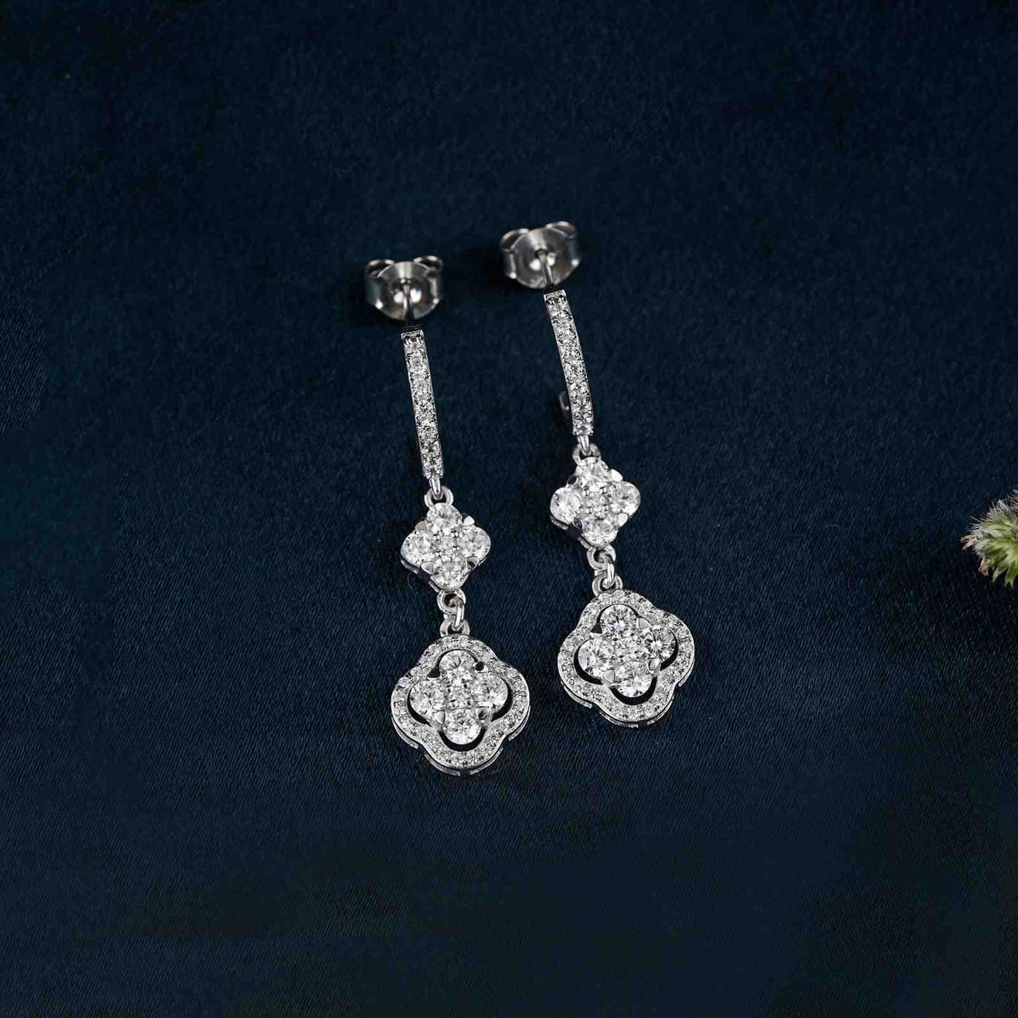 925 Sterling Silver Floral Clover CZ Studded Earrings