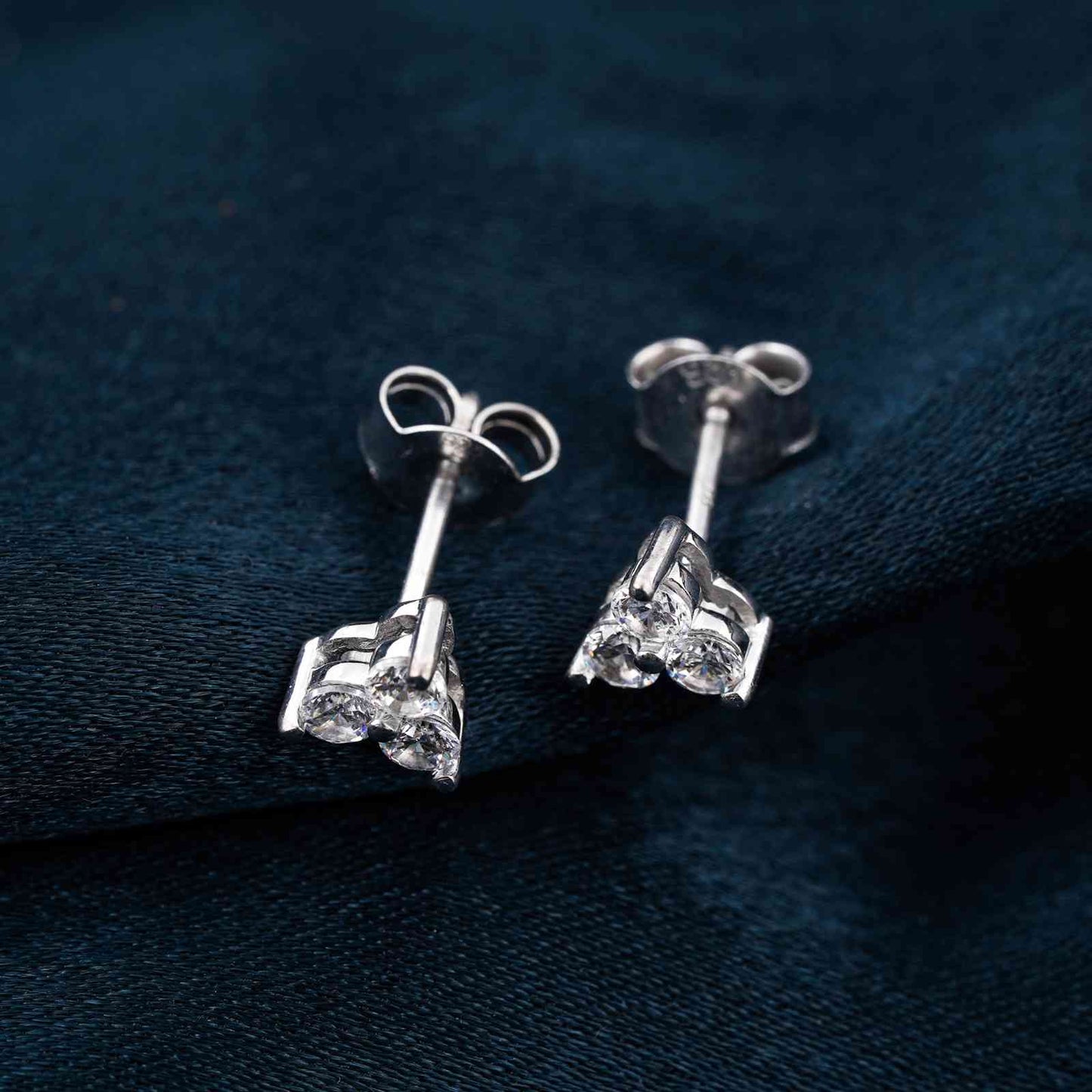 925 Sterling Silver Three Stoned Stud Earrings