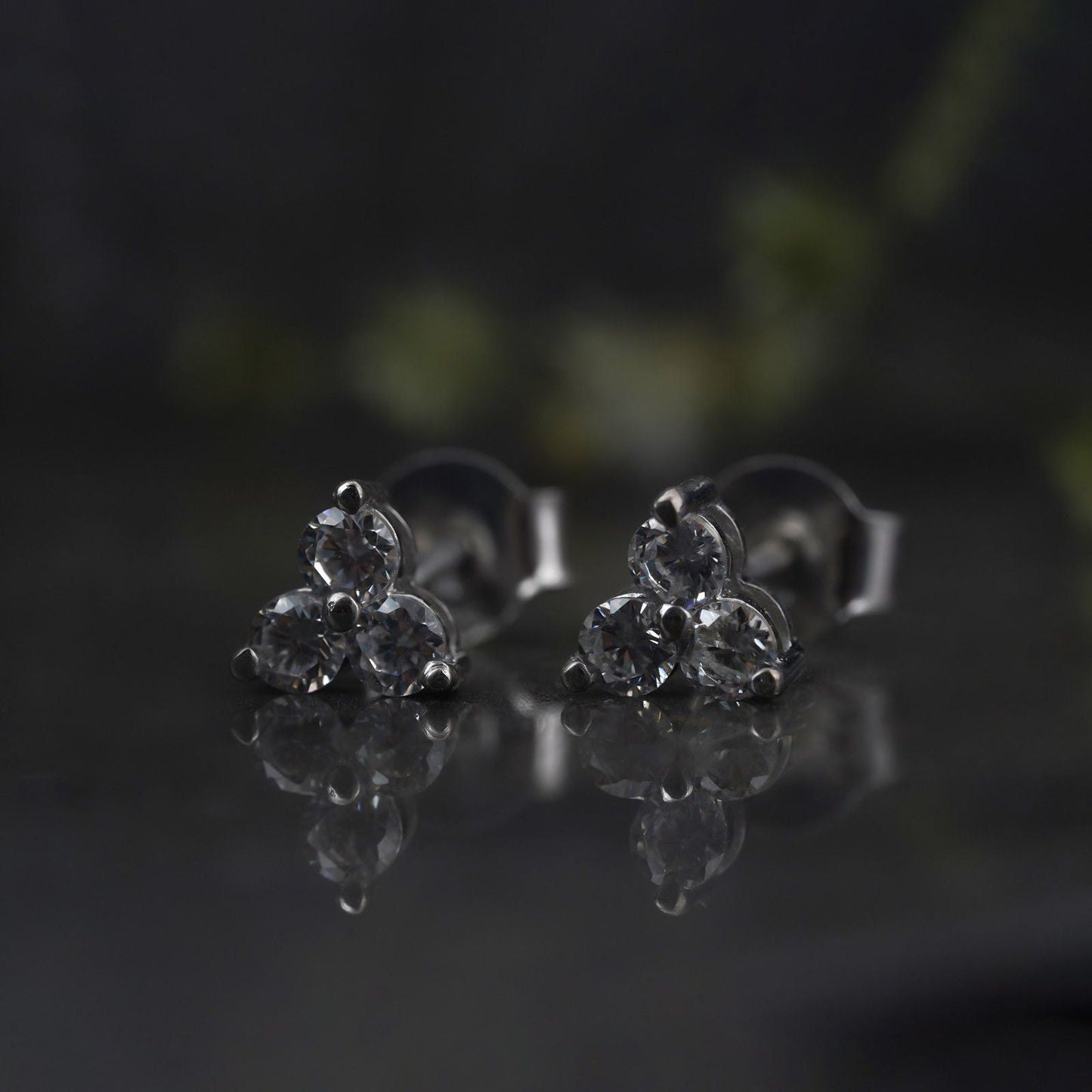 925 Sterling Silver Three Stoned Stud Earrings