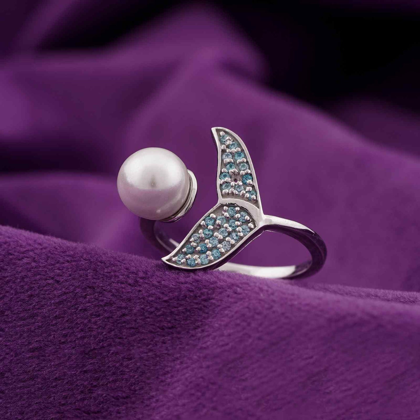 Silver Blue Dolphin Pearl Ring