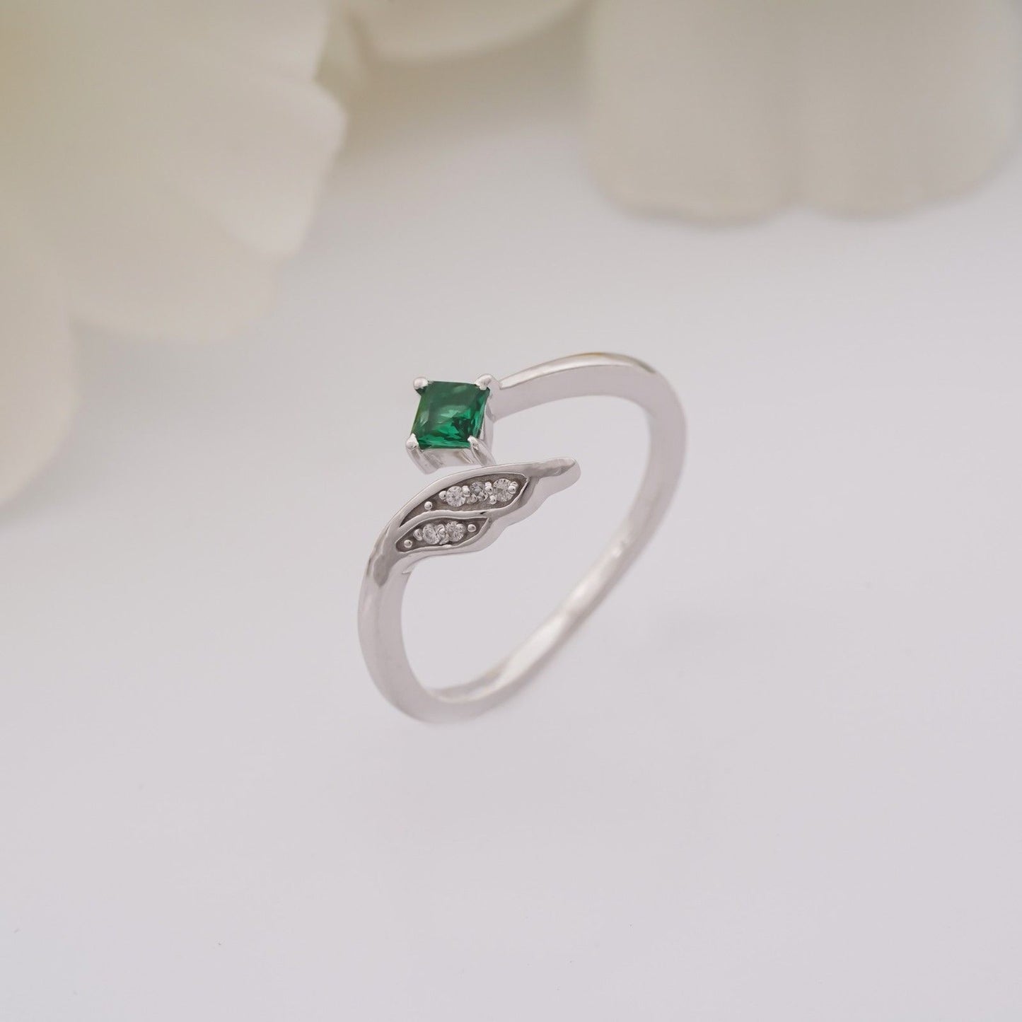 Silver Green Artistic Wings Ring