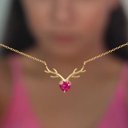 Golden Deer Theme Heart Pink Sapphire Necklace